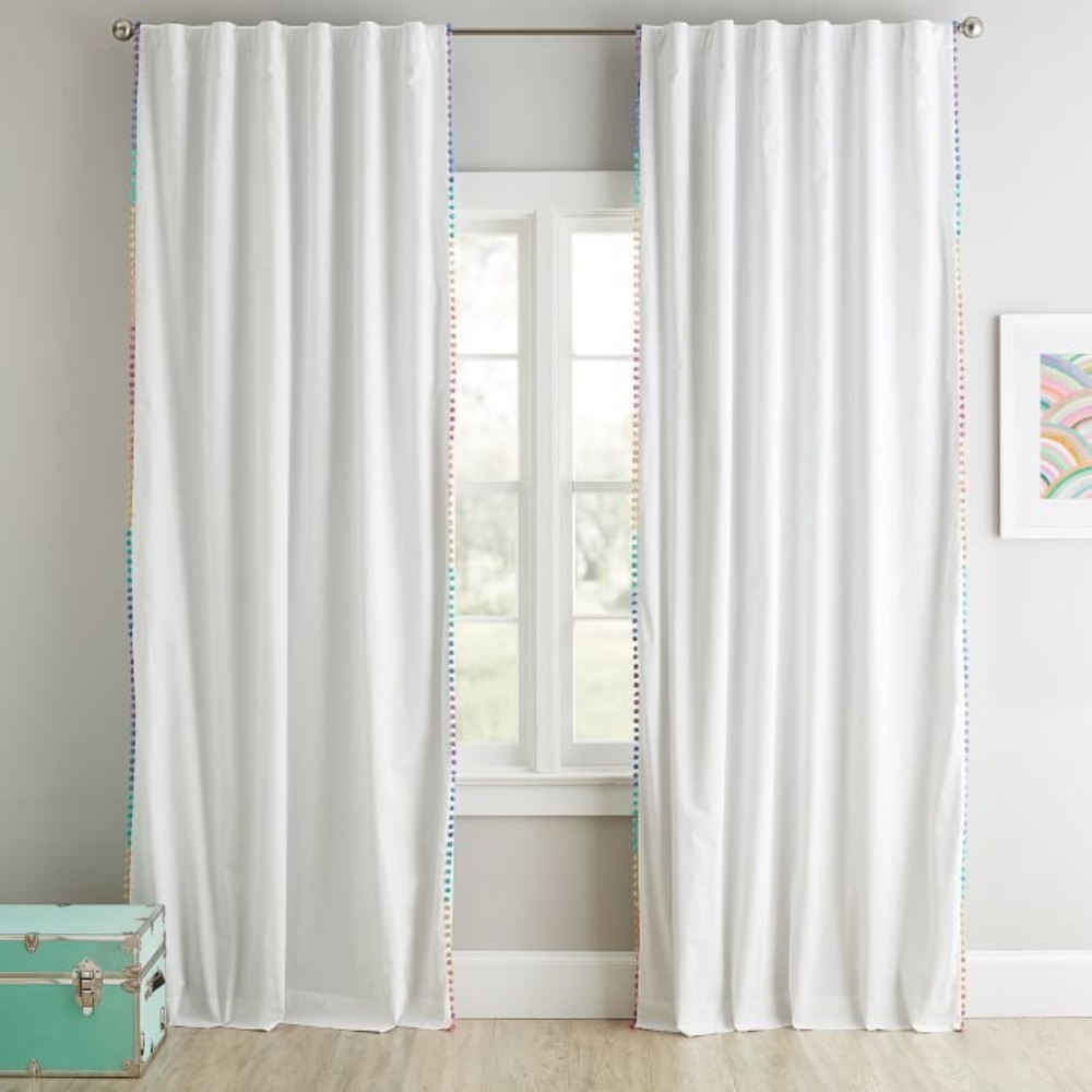 Rainbow Ombre Pom Pom Blackout Curtains (2 panels) 96”. Gently used.